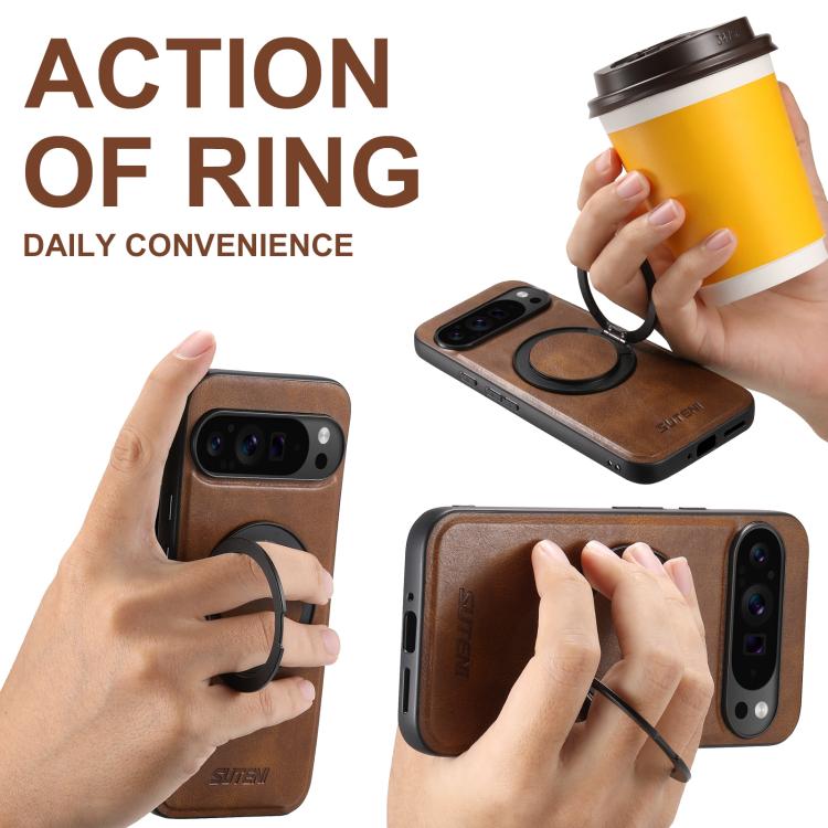 For Google Pixel 7a Suteni G3 Oil Wax 360 Rotation Holder MagSafe Back Phone Case(Brown) - Google Cases by Suteni | Online Shopping South Africa | PMC TechLife | Buy Now Pay Later Mobicred