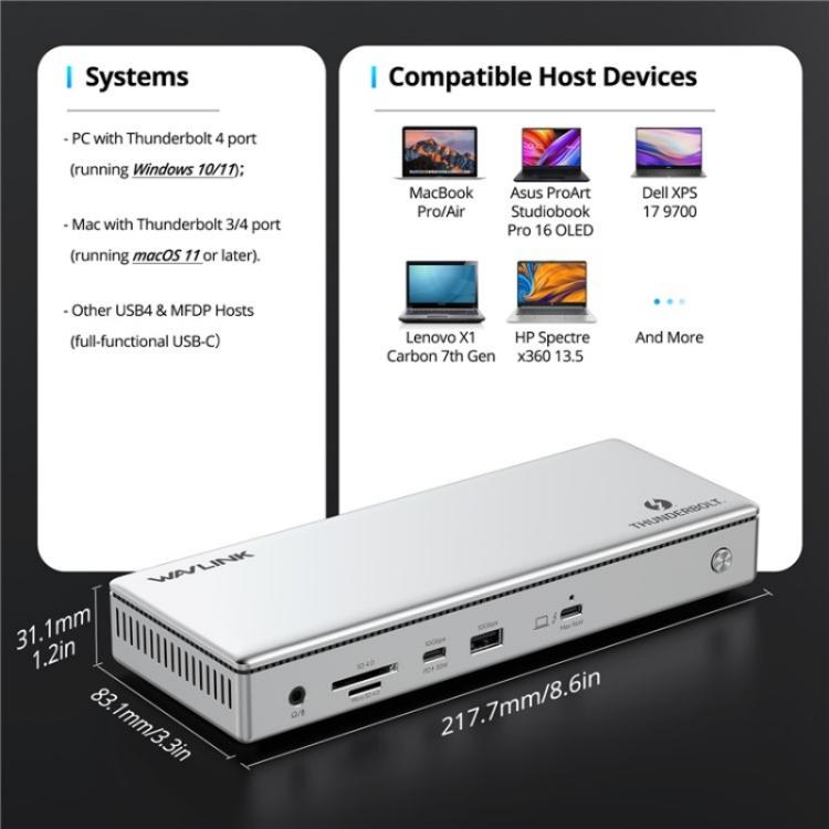 WAVLINK UTD45 96W Charging 8K / 4K Display Thunderbolt 4 Docking Station 13-in-1 Hub(AU Plug) - free shipping - PMc TechLife - Order now!