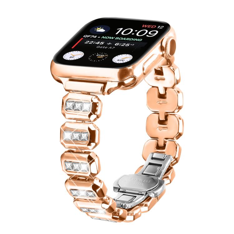For Apple Watch 42mm / 41mm / 40mm / 38mm Small Square Diamonds Butterfly Buckle Watch Band(Rose Gold) - free shipping - PMC TechLife - Order now!