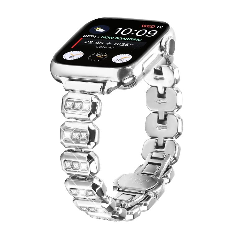 For Apple Watch 42mm / 41mm / 40mm / 38mm Small Square Diamonds Butterfly Buckle Watch Band(Silver) - free shipping - PMC TechLife - Order now!