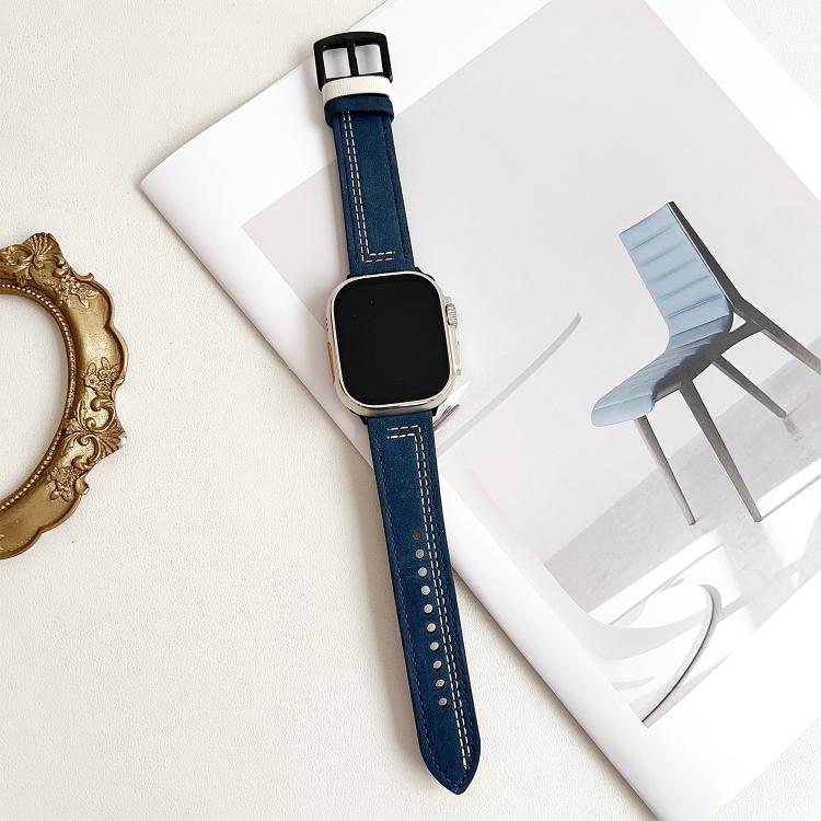 For Apple Watch 46mm / 49mm / 45mm / 44mm 7-Line Tri-Star Buckle Pull Up Leather Watch Band(Dark Blue White Thread) - Watch Bands by PMC TechLife | Online Shopping South Africa | PMC TechLife | Buy Now Pay Later Mobicred