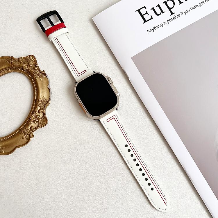 For Apple Watch 46mm / 49mm / 45mm / 44mm 7-Line Tri-Star Buckle Pull Up Leather Watch Band(Beige Red Thread) - Watch Bands by PMC TechLife | Online Shopping South Africa | PMC TechLife | Buy Now Pay Later Mobicred