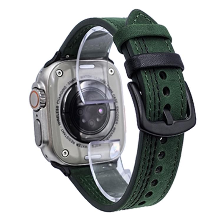 For Apple Watch 46mm / 49mm / 45mm / 44mm 7-Line Tri-Star Buckle Pull Up Leather Watch Band(Crazy Horse Green Black Thread) - Watch Bands by PMC TechLife | Online Shopping South Africa | PMC TechLife | Buy Now Pay Later Mobicred