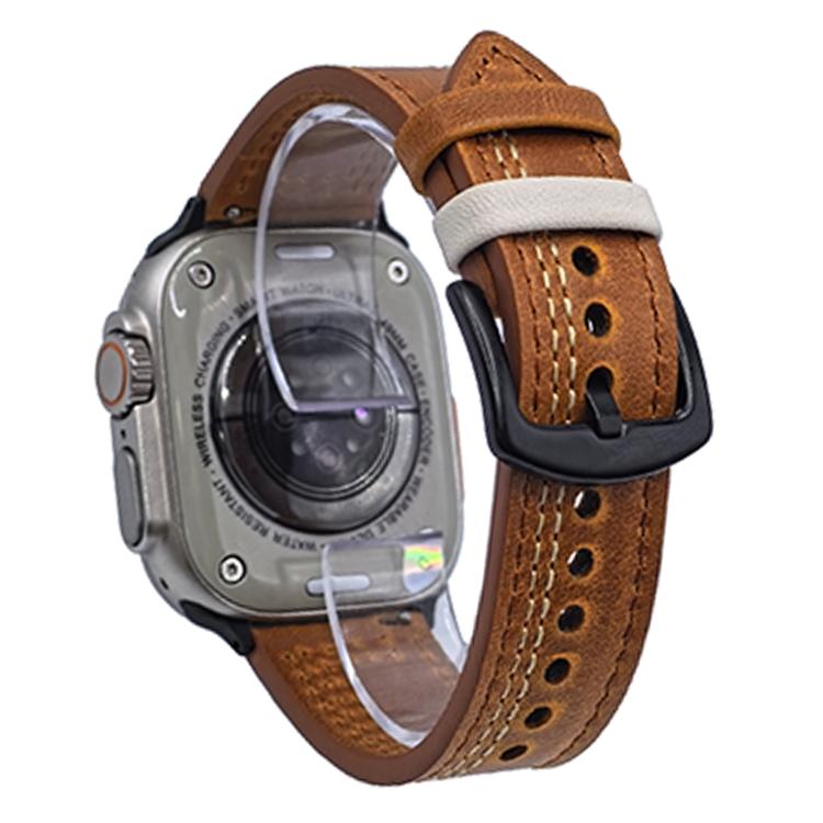 For Apple Watch 46mm / 49mm / 45mm / 44mm 7-Line Tri-Star Buckle Pull Up Leather Watch Band(Crazy Horse Yellow Brown White Thread) - Watch Bands by PMC TechLife | Online Shopping South Africa | PMC TechLife | Buy Now Pay Later Mobicred