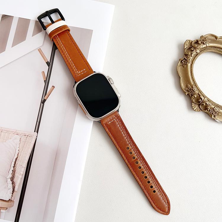 For Apple Watch 46mm / 49mm / 45mm / 44mm 7-Line Tri-Star Buckle Pull Up Leather Watch Band(Crazy Horse Yellow Brown White Thread) - Watch Bands by PMC TechLife | Online Shopping South Africa | PMC TechLife | Buy Now Pay Later Mobicred