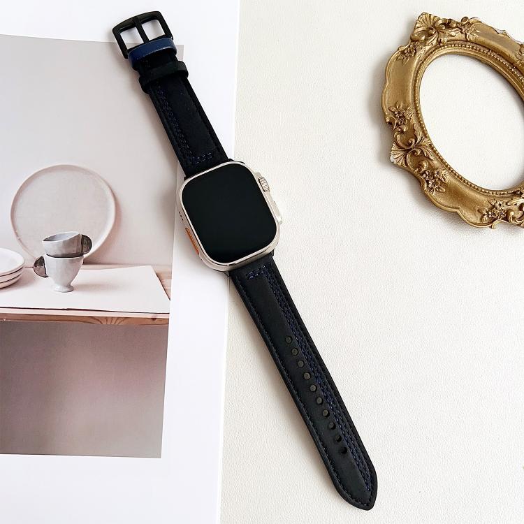 For Apple Watch 46mm / 49mm / 45mm / 44mm 7-Line Tri-Star Buckle Pull Up Leather Watch Band(Black Blue Thread) - Watch Bands by PMC TechLife | Online Shopping South Africa | PMC TechLife | Buy Now Pay Later Mobicred