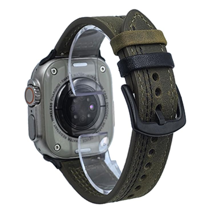 For Apple Watch 46mm / 49mm / 45mm / 44mm 7-Line Tri-Star Buckle Pull Up Leather Watch Band(Crazy Horse Army Green Black Thread) - Watch Bands by PMC TechLife | Online Shopping South Africa | PMC TechLife | Buy Now Pay Later Mobicred