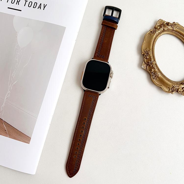 For Apple Watch 46mm / 49mm / 45mm / 44mm 7-Line Tri-Star Buckle Pull Up Leather Watch Band(Crazy Horse Dark Brown Blue Thread) - Watch Bands by PMC TechLife | Online Shopping South Africa | PMC TechLife | Buy Now Pay Later Mobicred