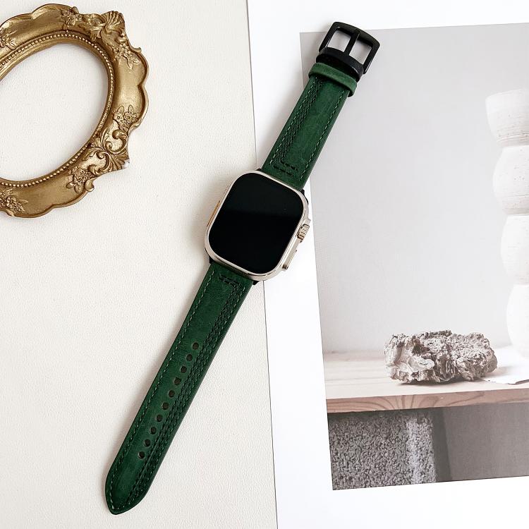 For Apple Watch 42mm / 41mm / 40mm / 38mm 7-Line Tri-Star Buckle Pull Up Leather Watch Band(Crazy Horse Green Black Thread) - Watch Bands by PMC TechLife | Online Shopping South Africa | PMC TechLife | Buy Now Pay Later Mobicred