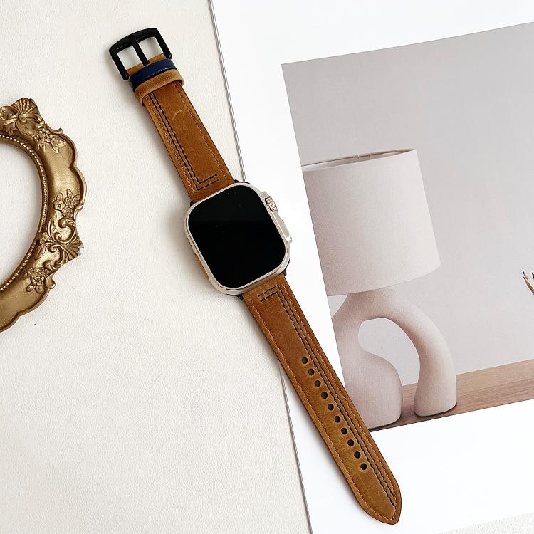 For Apple Watch 42mm / 41mm / 40mm / 38mm 7-Line Tri-Star Buckle Pull Up Leather Watch Band(Crazy Horse Light Brown Blue Thread) - Watch Bands by PMC TechLife | Online Shopping South Africa | PMC TechLife | Buy Now Pay Later Mobicred