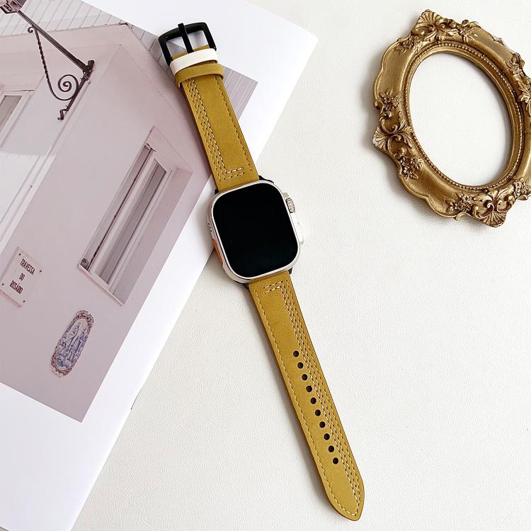 For Apple Watch 42mm / 41mm / 40mm / 38mm 7-Line Tri-Star Buckle Pull Up Leather Watch Band(Light Yellow White Thread) - Watch Bands by PMC TechLife | Online Shopping South Africa | PMC TechLife | Buy Now Pay Later Mobicred