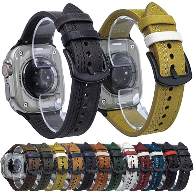 For Apple Watch 46mm / 49mm / 45mm / 44mm 7-Line Tri-Star Buckle Pull Up Leather Watch Band(Crazy Horse Army Green Black Thread) - Watch Bands by PMC TechLife | Online Shopping South Africa | PMC TechLife | Buy Now Pay Later Mobicred