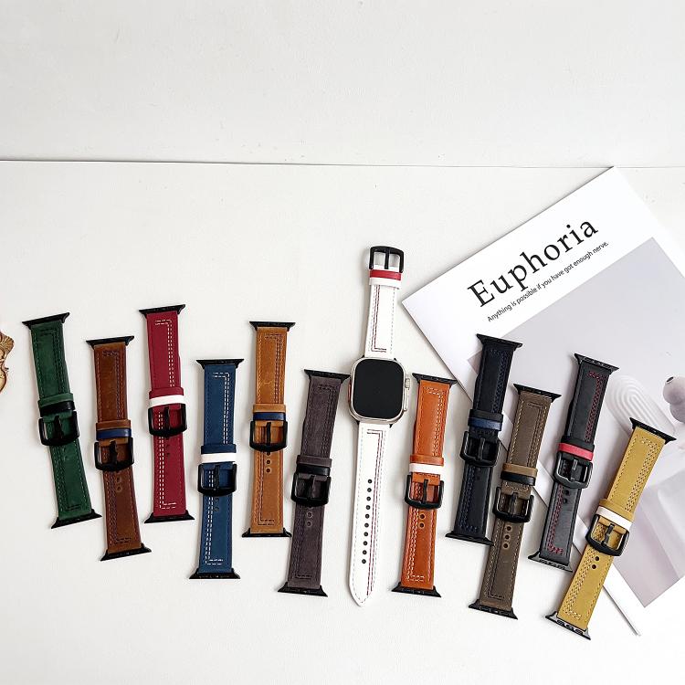 For Apple Watch 46mm / 49mm / 45mm / 44mm 7-Line Tri-Star Buckle Pull Up Leather Watch Band(Crazy Horse Yellow Brown White Thread) - Watch Bands by PMC TechLife | Online Shopping South Africa | PMC TechLife | Buy Now Pay Later Mobicred