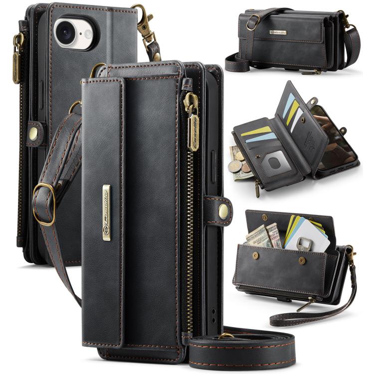 For iPhone 16e CaseMe C39 RFID Blocking Zipper Wallet Leather Phone Case with Crossbody Strap(Black) - free shipping - PMc TechLife - Order now!