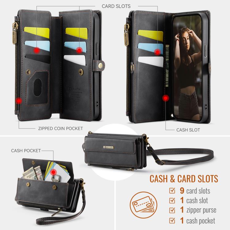 For iPhone 16e CaseMe C39 RFID Blocking Zipper Wallet Leather Phone Case with Crossbody Strap(Black) - free shipping - PMc TechLife - Order now!