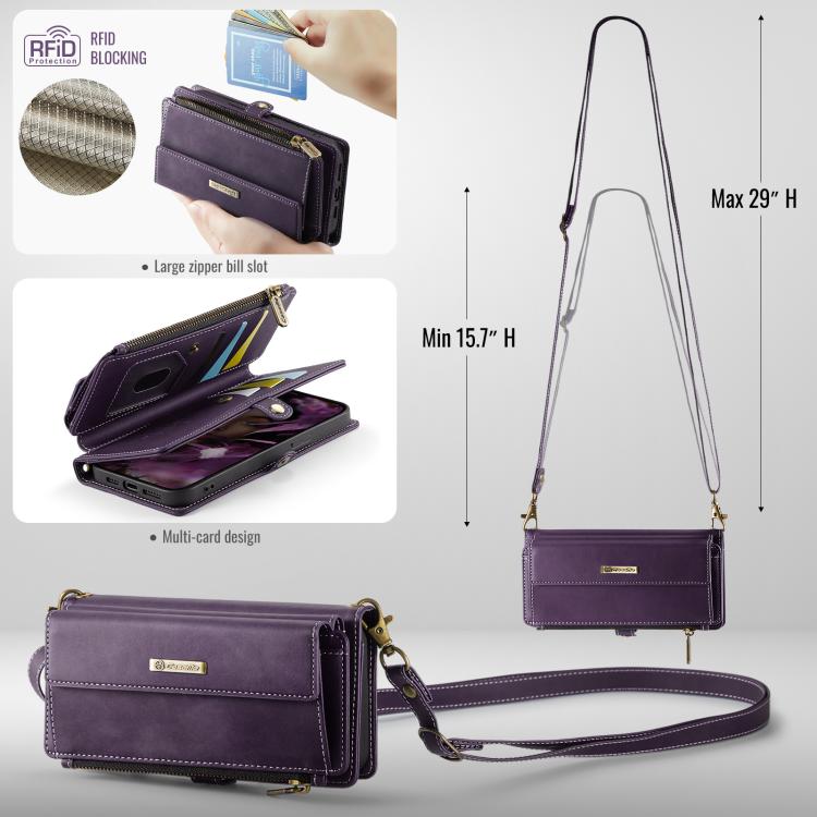 For iPhone 16e CaseMe C39 RFID Blocking Zipper Wallet Leather Phone Case with Crossbody Strap(Purple) - free shipping - PMc TechLife - Order now!