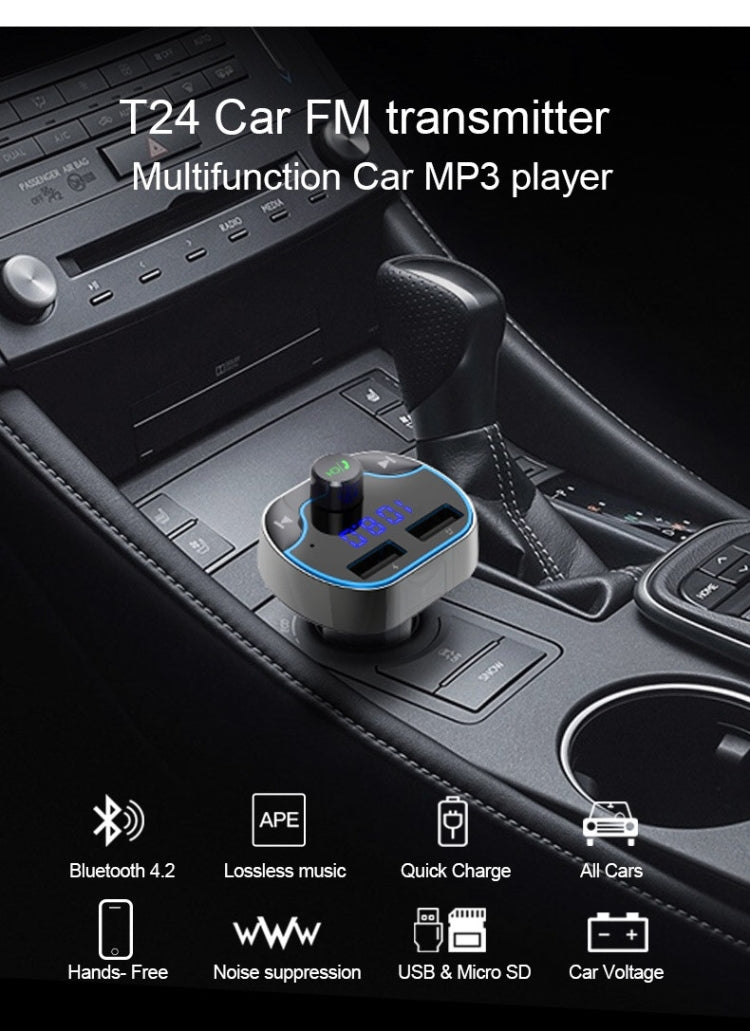 T24FM Transmitter Quick Charge Voice Navigation Car Hands-free Phone Bluetooth MP3 Player Black - Bluetooth Car Kits by PMC Jewellery | Online Shopping South Africa | PMC Jewellery | Buy Now Pay Later Mobicred
