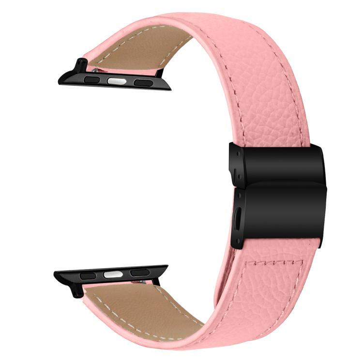 For Apple Watch 46mm / 49mm / 45mm / 44mm Lychee Texture Black Turtle Back Buckle Leather Watch Band(Pink) - Watch Bands by PMC TechLife | Online Shopping South Africa | PMC TechLife | Buy Now Pay Later Mobicred