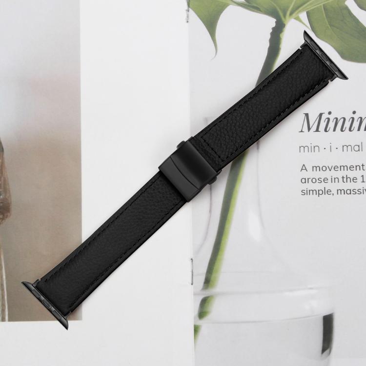 For Apple Watch 46mm / 49mm / 45mm / 44mm Lychee Texture Black Turtle Back Buckle Leather Watch Band(Black) - Watch Bands by PMC TechLife | Online Shopping South Africa | PMC TechLife | Buy Now Pay Later Mobicred