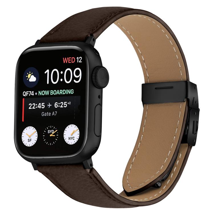 For Apple Watch 46mm / 49mm / 45mm / 44mm Lychee Texture Black Turtle Back Buckle Leather Watch Band(Coffee Color) - Watch Bands by PMC TechLife | Online Shopping South Africa | PMC TechLife | Buy Now Pay Later Mobicred