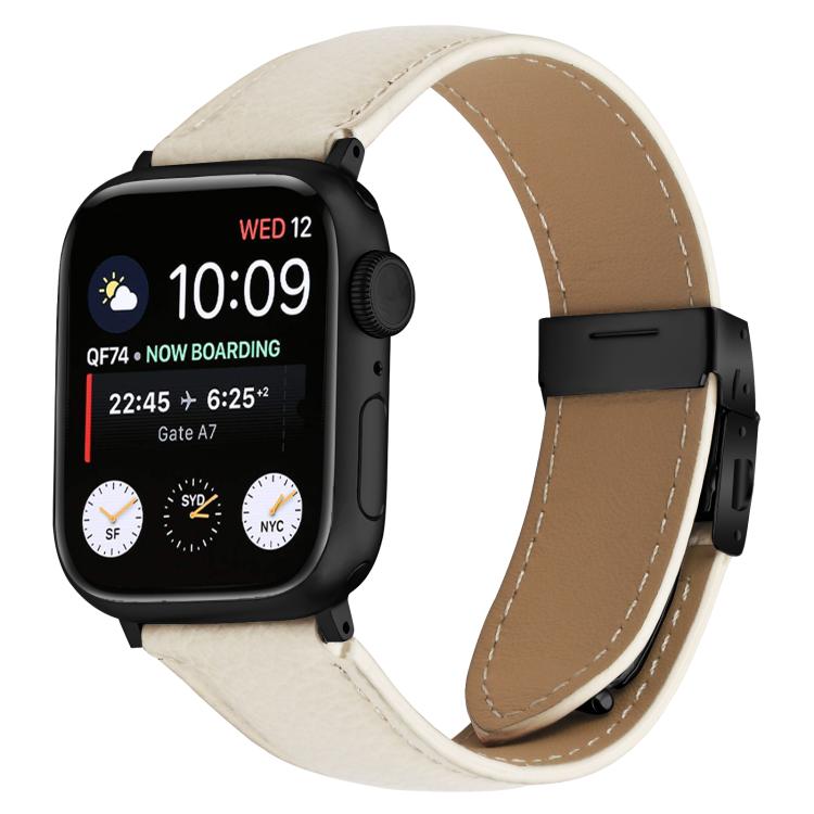 For Apple Watch 46mm / 49mm / 45mm / 44mm Lychee Texture Black Turtle Back Buckle Leather Watch Band(Creamy White) - Watch Bands by PMC TechLife | Online Shopping South Africa | PMC TechLife | Buy Now Pay Later Mobicred