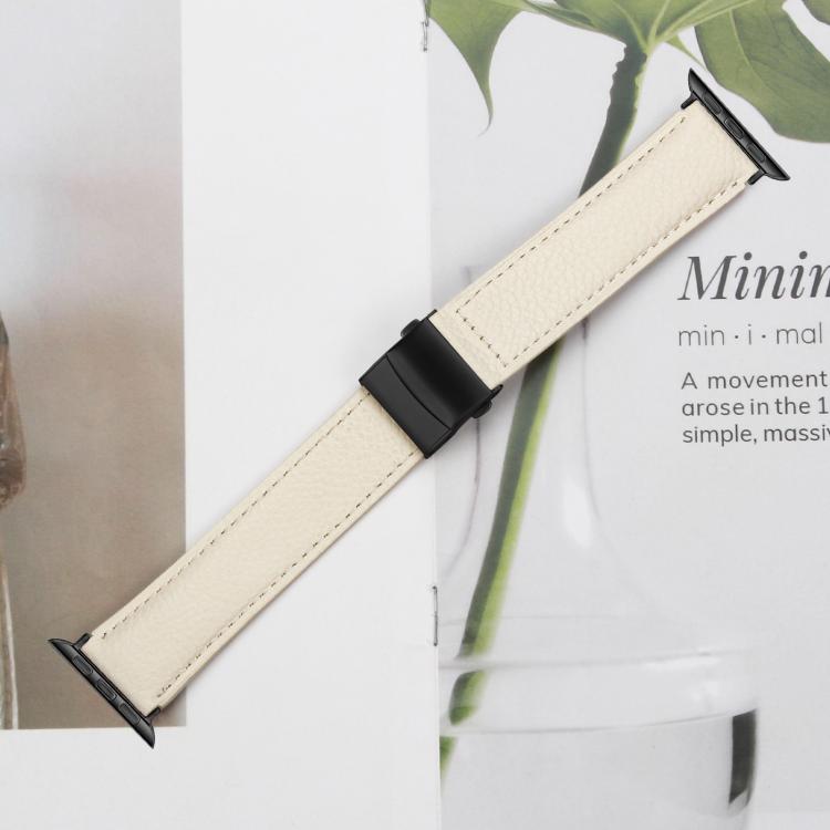 For Apple Watch 46mm / 49mm / 45mm / 44mm Lychee Texture Black Turtle Back Buckle Leather Watch Band(Creamy White) - Watch Bands by PMC TechLife | Online Shopping South Africa | PMC TechLife | Buy Now Pay Later Mobicred