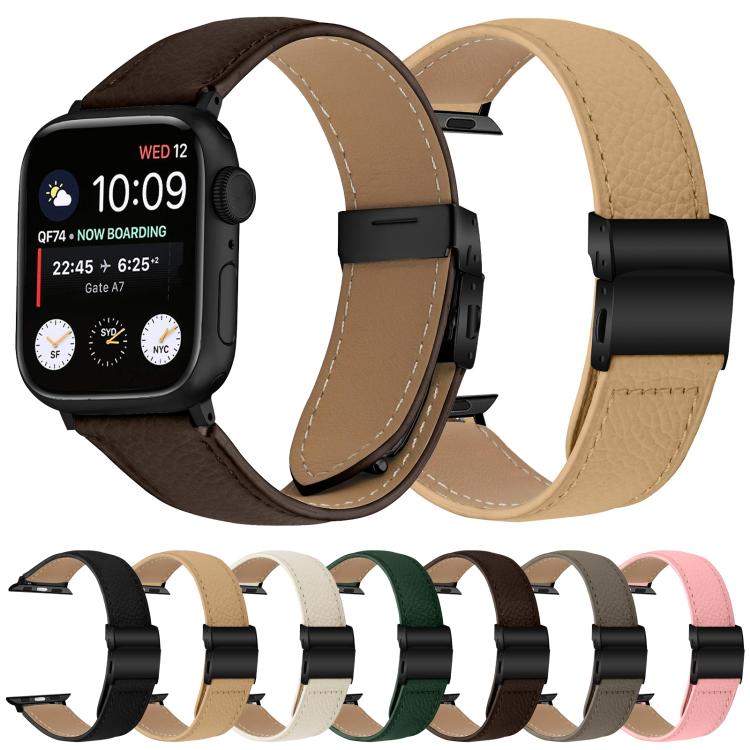 For Apple Watch 46mm / 49mm / 45mm / 44mm Lychee Texture Black Turtle Back Buckle Leather Watch Band(Creamy White) - Watch Bands by PMC TechLife | Online Shopping South Africa | PMC TechLife | Buy Now Pay Later Mobicred