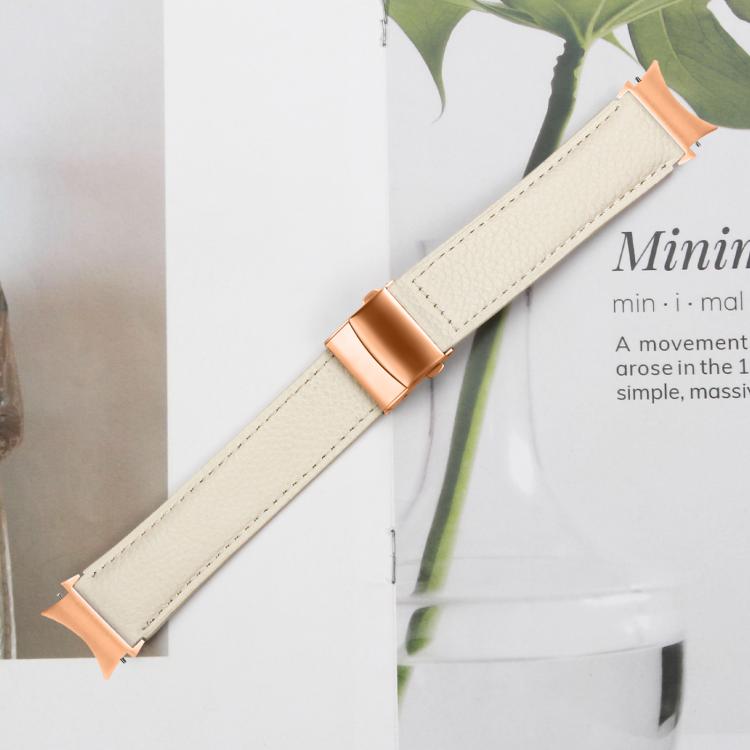 For Samsung Galaxy Watch 7 40 / 44mm Quick Release Lychee Texture Rose Gold Turtle Back Buckle Leather Watch Band(Creamy White) - free shipping - PMC TechLife - Order now!