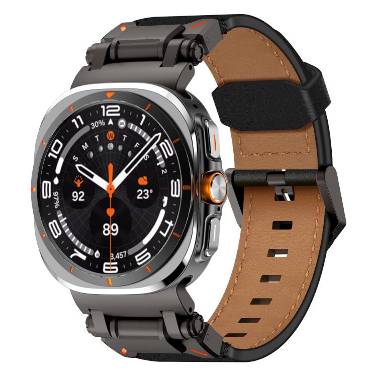 For Samsung Galaxy Watch Ultra 47mm Explorer Stainless Steel Head Leather Watch Band(Black) - Watch Bands by PMC TechLife | Online Shopping South Africa | PMC TechLife | Buy Now Pay Later Mobicred