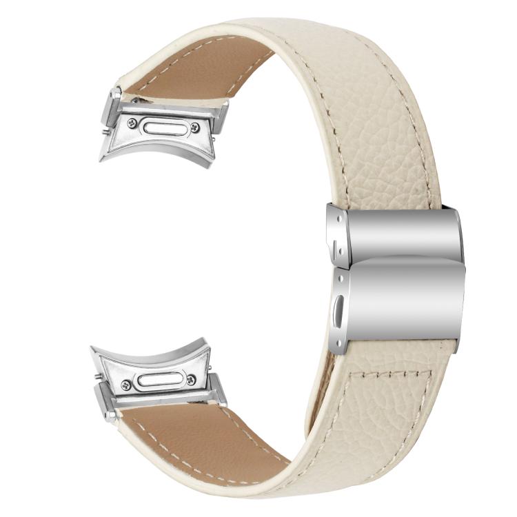 For Samsung Galaxy Watch 7 40 / 44mm Quick Release Lychee Texture Silver Turtle Back Buckle Leather Watch Band(Creamy White) - free shipping - PMC TechLife - Order now!