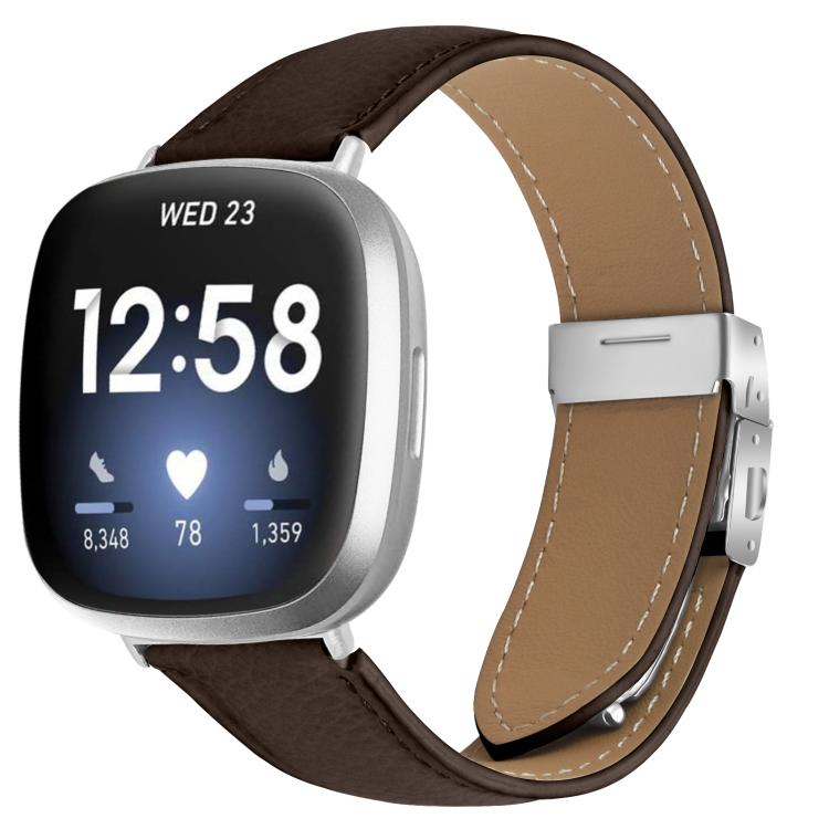 For Fitbit Versa 3 / 4 Lychee Texture Silver Turtle Back Buckle Leather Watch Band(Coffee Color) - free shipping - PMC TechLife - Order now!