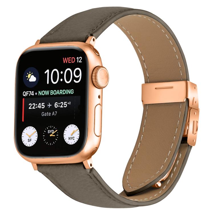 For Apple Watch 46mm / 49mm / 45mm / 44mm Lychee Texture Rose Gold Turtle Back Buckle Leather Watch Band(Gray) - free shipping - PMC TechLife - Order now!
