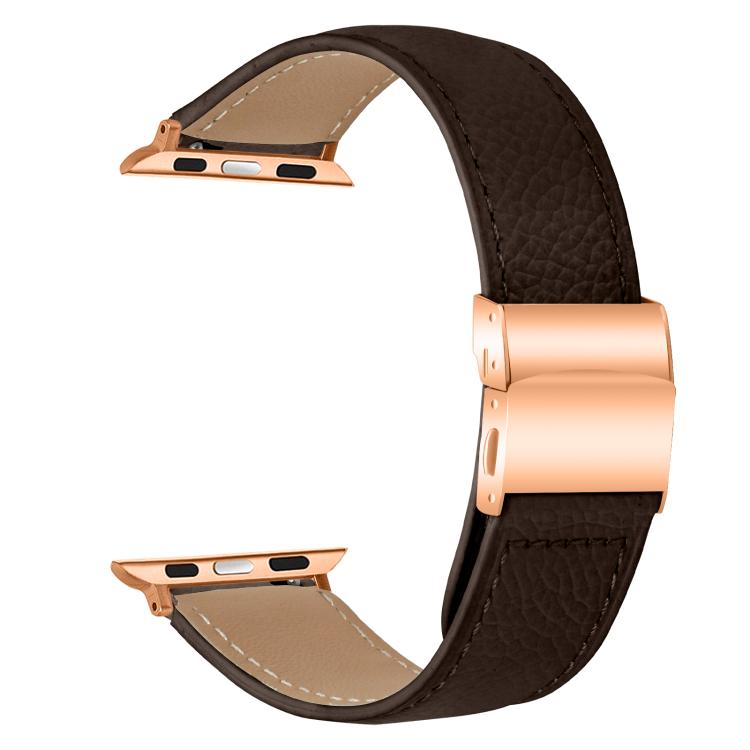 For Apple Watch 46mm / 49mm / 45mm / 44mm Lychee Texture Rose Gold Turtle Back Buckle Leather Watch Band(Coffee Color) - free shipping - PMC TechLife - Order now!