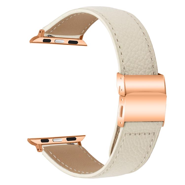 For Apple Watch 46mm / 49mm / 45mm / 44mm Lychee Texture Rose Gold Turtle Back Buckle Leather Watch Band(Creamy White) - free shipping - PMC TechLife - Order now!