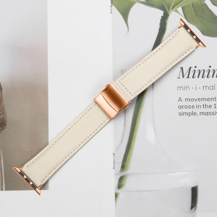 For Apple Watch 46mm / 49mm / 45mm / 44mm Lychee Texture Rose Gold Turtle Back Buckle Leather Watch Band(Creamy White) - free shipping - PMC TechLife - Order now!