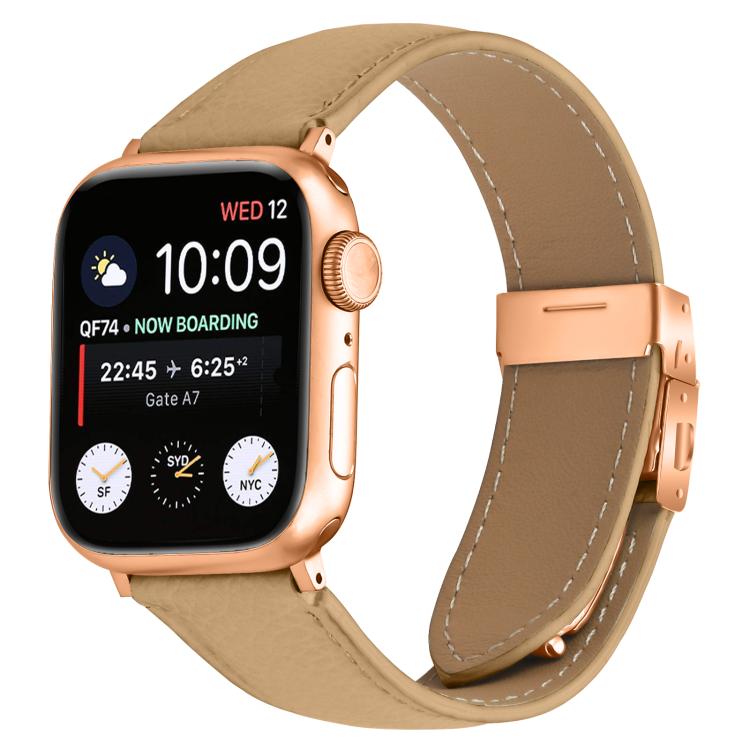 For Apple Watch 46mm / 49mm / 45mm / 44mm Lychee Texture Rose Gold Turtle Back Buckle Leather Watch Band(Camel) - free shipping - PMC TechLife - Order now!