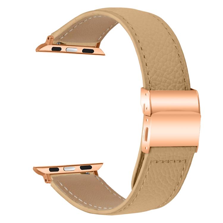 For Apple Watch 46mm / 49mm / 45mm / 44mm Lychee Texture Rose Gold Turtle Back Buckle Leather Watch Band(Camel) - free shipping - PMC TechLife - Order now!