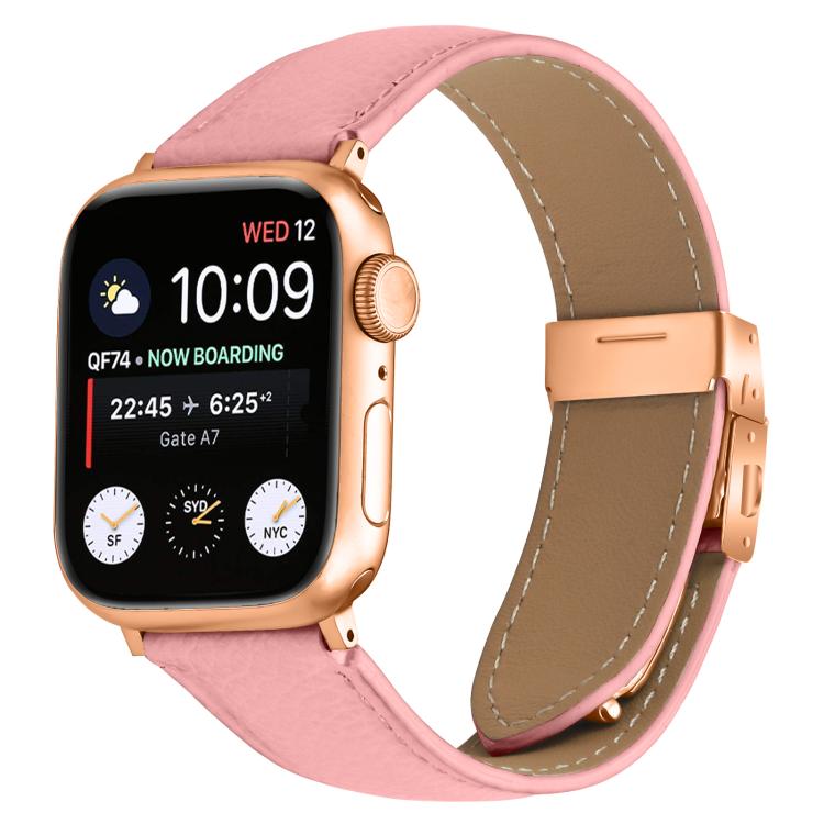 For Apple Watch 42mm / 41mm / 40mm / 38mm Lychee Texture Rose Gold Turtle Back Buckle Leather Watch Band(Pink) - free shipping - PMC TechLife - Order now!
