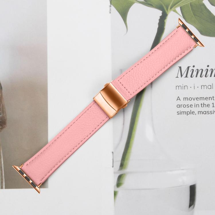 For Apple Watch 42mm / 41mm / 40mm / 38mm Lychee Texture Rose Gold Turtle Back Buckle Leather Watch Band(Pink) - free shipping - PMC TechLife - Order now!