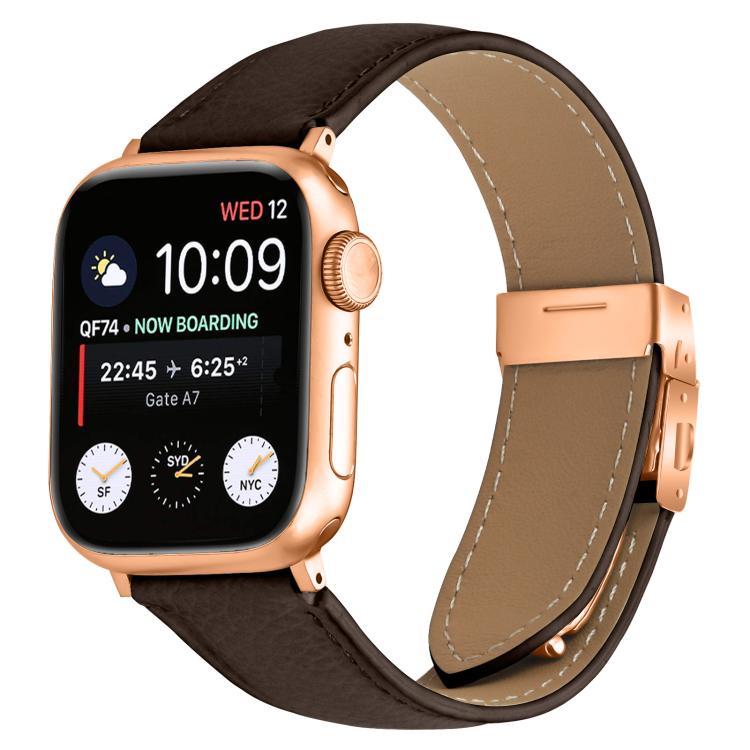 For Apple Watch 42mm / 41mm / 40mm / 38mm Lychee Texture Rose Gold Turtle Back Buckle Leather Watch Band(Coffee Color) - free shipping - PMC TechLife - Order now!