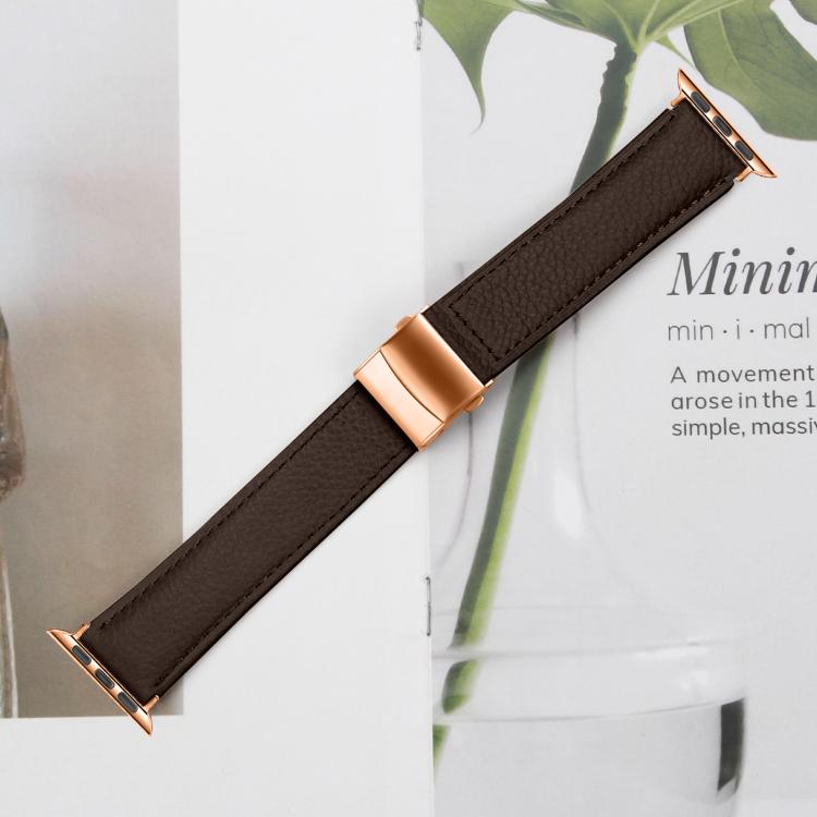 For Apple Watch 42mm / 41mm / 40mm / 38mm Lychee Texture Rose Gold Turtle Back Buckle Leather Watch Band(Coffee Color) - free shipping - PMC TechLife - Order now!