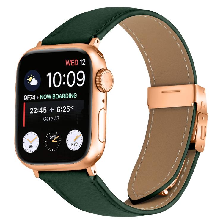 For Apple Watch 42mm / 41mm / 40mm / 38mm Lychee Texture Rose Gold Turtle Back Buckle Leather Watch Band(Green) - free shipping - PMC TechLife - Order now!