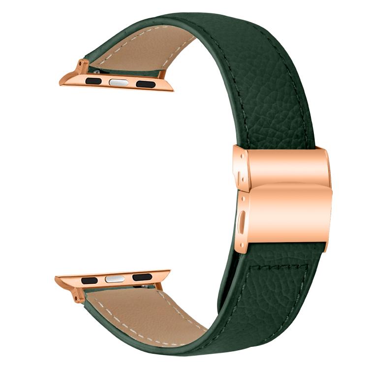 For Apple Watch 42mm / 41mm / 40mm / 38mm Lychee Texture Rose Gold Turtle Back Buckle Leather Watch Band(Green) - free shipping - PMC TechLife - Order now!