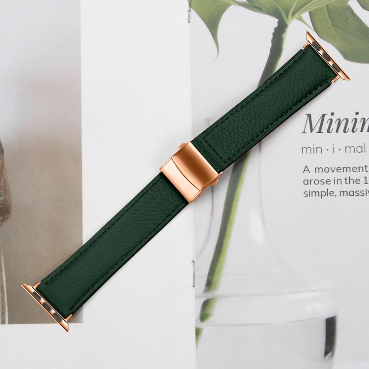 For Apple Watch 42mm / 41mm / 40mm / 38mm Lychee Texture Rose Gold Turtle Back Buckle Leather Watch Band(Green) - free shipping - PMC TechLife - Order now!