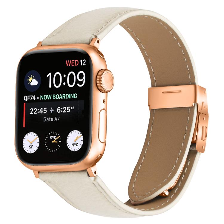 For Apple Watch 42mm / 41mm / 40mm / 38mm Lychee Texture Rose Gold Turtle Back Buckle Leather Watch Band(Creamy White) - free shipping - PMC TechLife - Order now!
