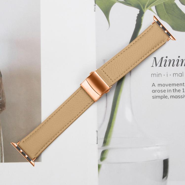 For Apple Watch 42mm / 41mm / 40mm / 38mm Lychee Texture Rose Gold Turtle Back Buckle Leather Watch Band(Camel) - free shipping - PMC TechLife - Order now!