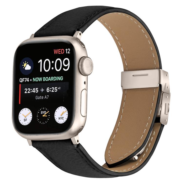 For Apple Watch 42mm / 41mm / 40mm / 38mm Lychee Texture Starlight Turtle Back Buckle Leather Watch Band(Black) - Watch Bands by PMC TechLife | Online Shopping South Africa | PMC TechLife | Buy Now Pay Later Mobicred
