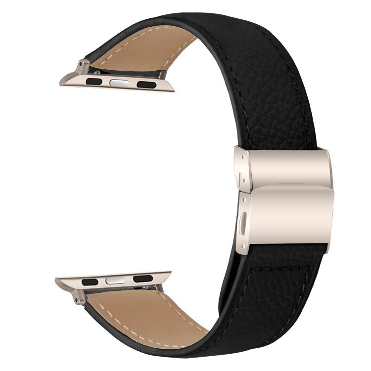 For Apple Watch 42mm / 41mm / 40mm / 38mm Lychee Texture Starlight Turtle Back Buckle Leather Watch Band(Black) - Watch Bands by PMC TechLife | Online Shopping South Africa | PMC TechLife | Buy Now Pay Later Mobicred