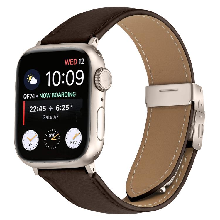 For Apple Watch 42mm / 41mm / 40mm / 38mm Lychee Texture Starlight Turtle Back Buckle Leather Watch Band(Coffee Color) - Watch Bands by PMC TechLife | Online Shopping South Africa | PMC TechLife | Buy Now Pay Later Mobicred