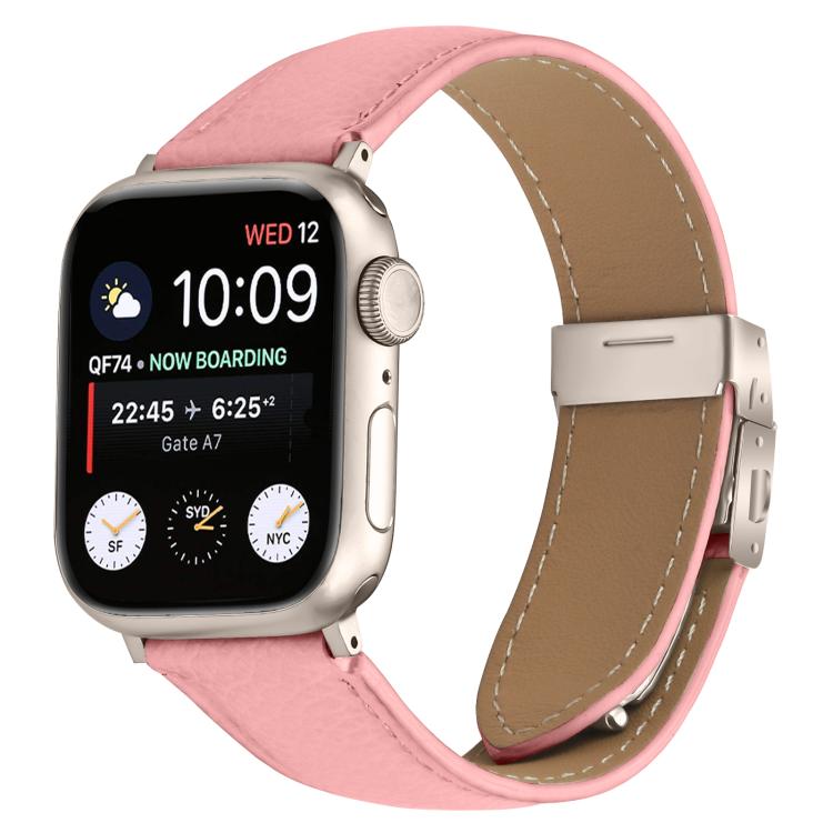 For Apple Watch 46mm / 49mm / 45mm / 44mm Lychee Texture Starlight Turtle Back Buckle Leather Watch Band(Pink) - Watch Bands by PMC TechLife | Online Shopping South Africa | PMC TechLife | Buy Now Pay Later Mobicred
